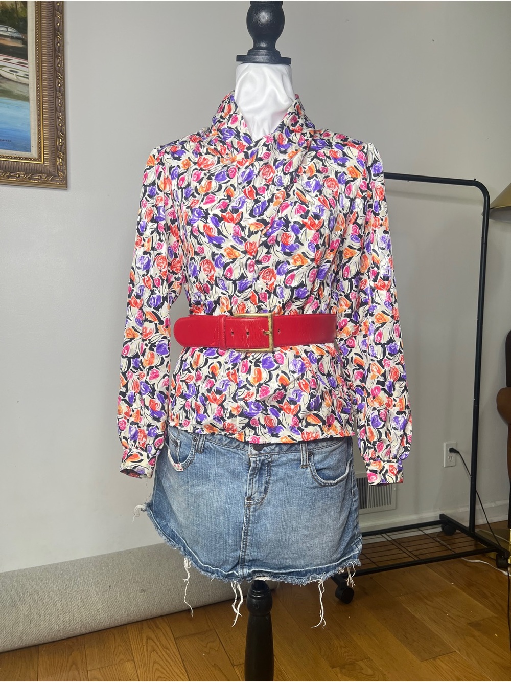 Vintage Michelle Stuart Multicolor Floral Blouse with Black Accents
